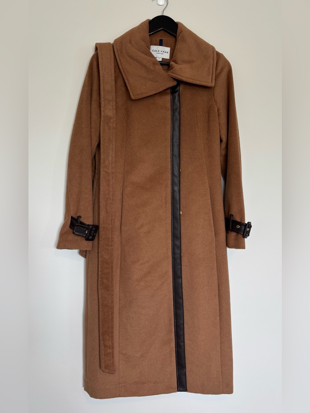 Cole Haan Camel Brown Wool-Blend Long Trench Coat with Leather Trim
